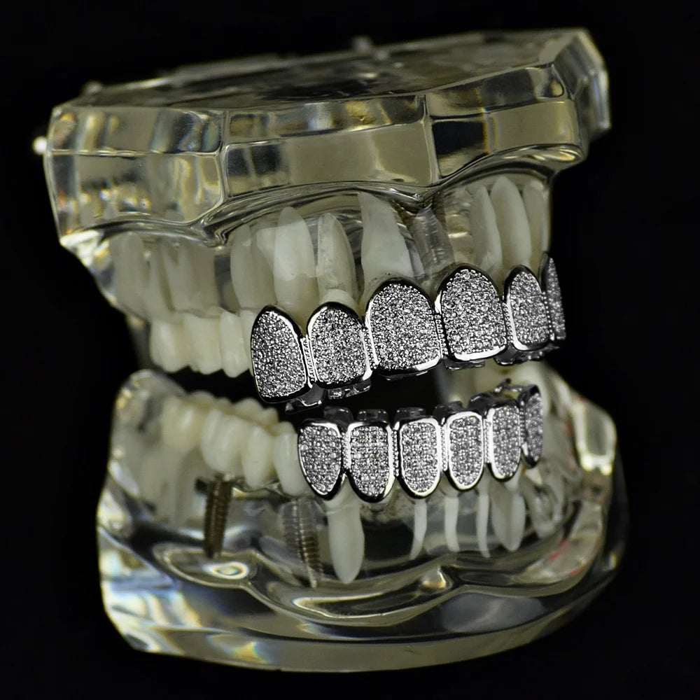 Silver Tone Micropave Gems Teeth Grills J7351