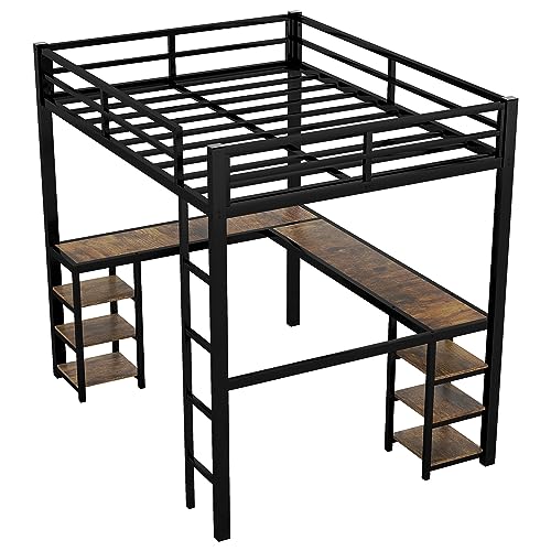 Full Size Metal Loft Bed with Desk and Storage Shelves P159729