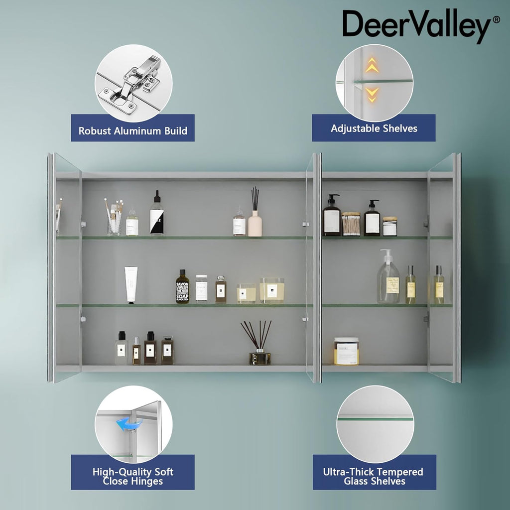 48 inch 3 Door Mirrored Medicine Cabinet with 2 Adjustable Shelves U406
