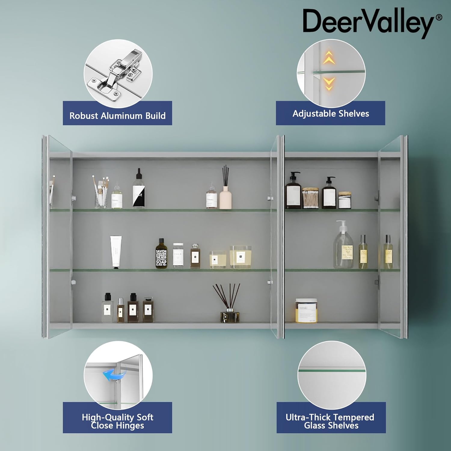 48 inch 3 Door Mirrored Medicine Cabinet with 2 Adjustable Shelves U406