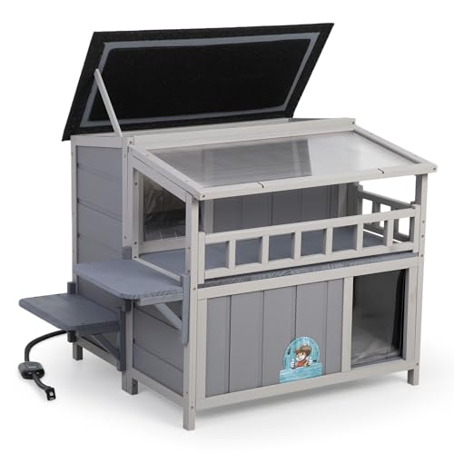 2-Tier Warm Wood Cat Shelter with Sunlight Roof M426555