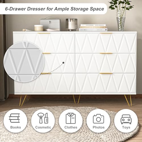 White 6 Drawer Wood Dresser with Gold Handles U1417
