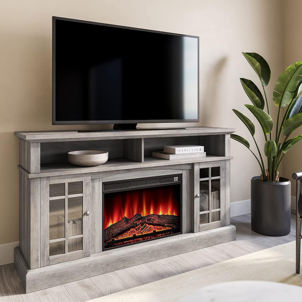 Espresso 58 Inch Electric Fireplace TV Stand with Storage Shelves and Cabinets J923849