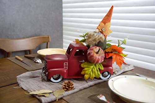 Vintage Turquoise Metal Truck with Gnomes Pumpkin Maple Leaf Farmhouse Table Top Fall Decor, 12 inch Q256