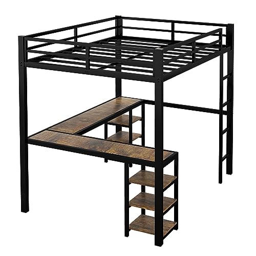 Full Size Metal Loft Bed with Desk and Storage Shelves P159729