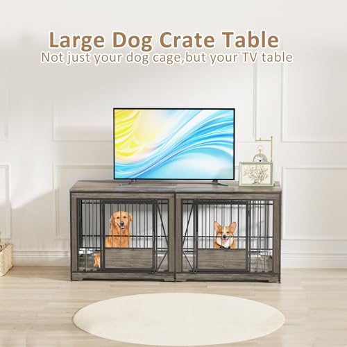 Brown Extra Large Double Dog Crate Furniture with Adjustable Divider G1688