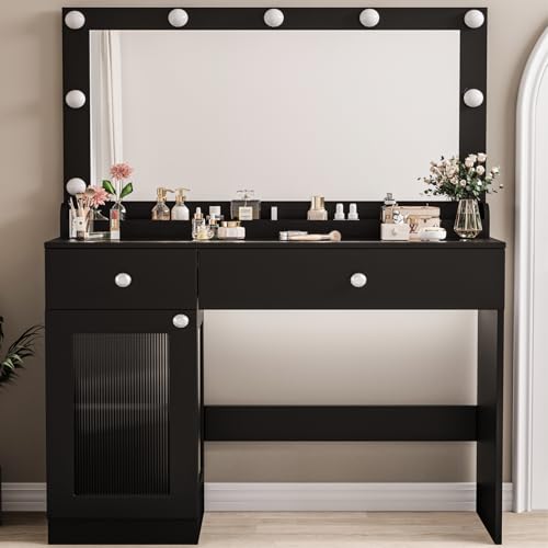 White 39.4'' Glass Top Makeup Vanity with Large Mirror and Lights J64853