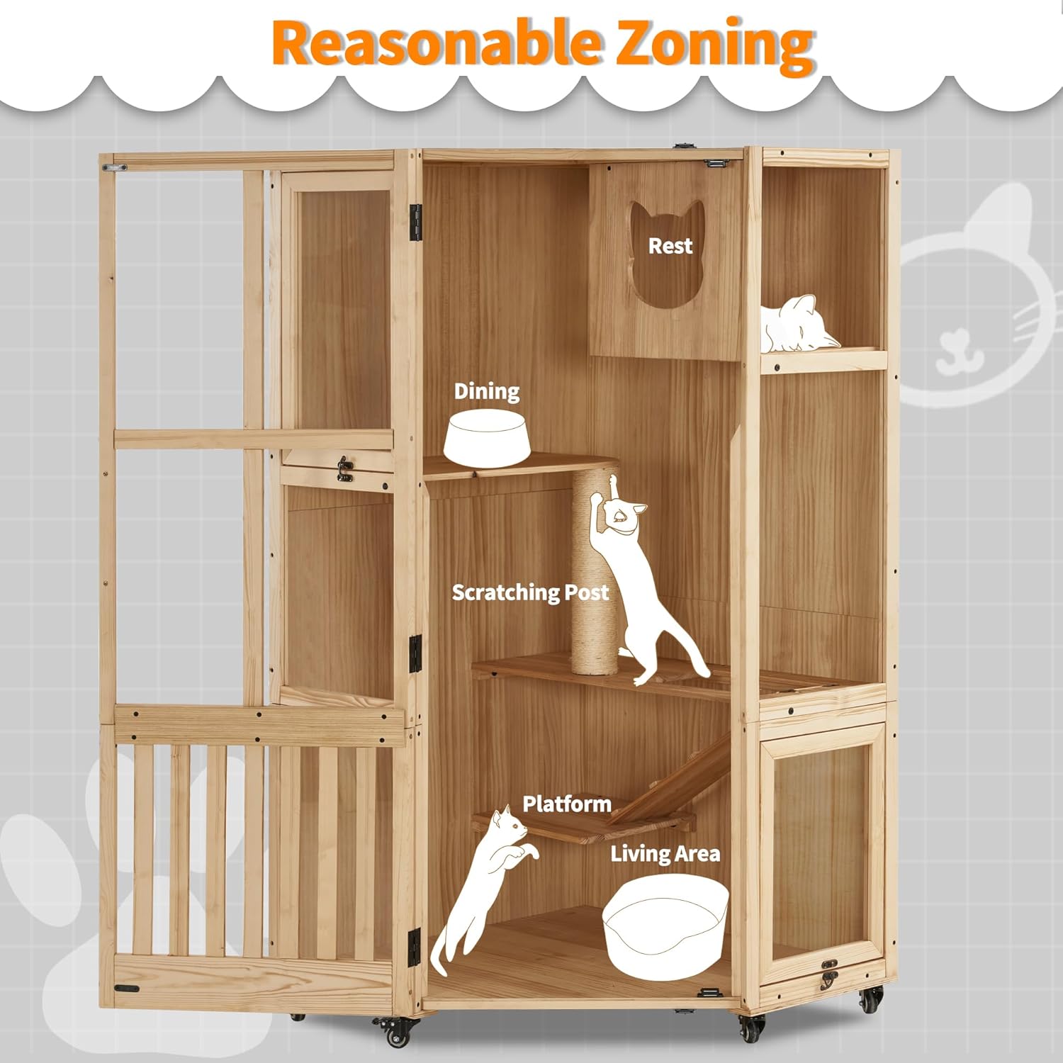 Large Wooden Corner Cat House with Scratching Post and Wheels T72024