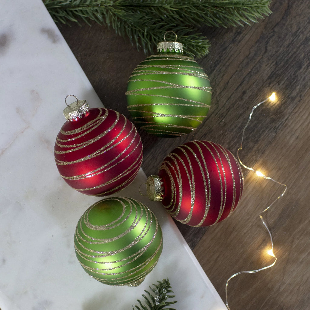 4ct Glass Red Green Matte Christmas Ball Ornaments 3.25-Inch G59380