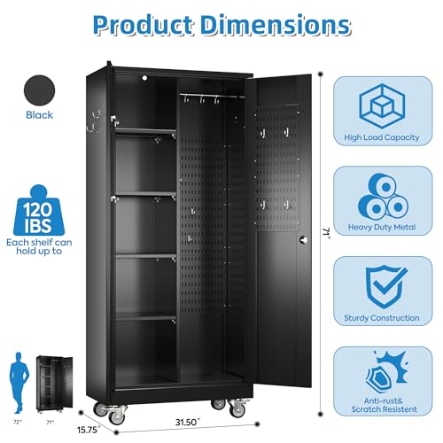 Black 72" H Locking Metal Storage Cabinet with Wheels and Pegboard U772547
