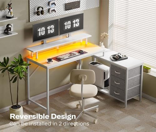 Reversible L Shaped Computer Desk with Drawers, LED Lights, Power Outlets, Black F94143