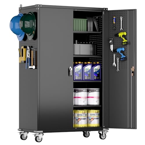 Black 72" H Locking Metal Storage Cabinet with Wheels and Pegboard U772547