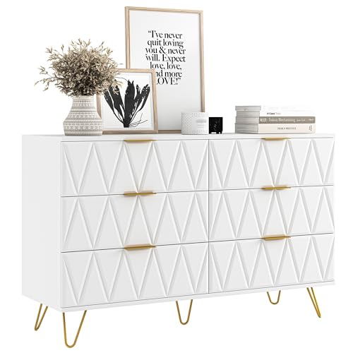 White 6 Drawer Wood Dresser with Gold Handles U1417