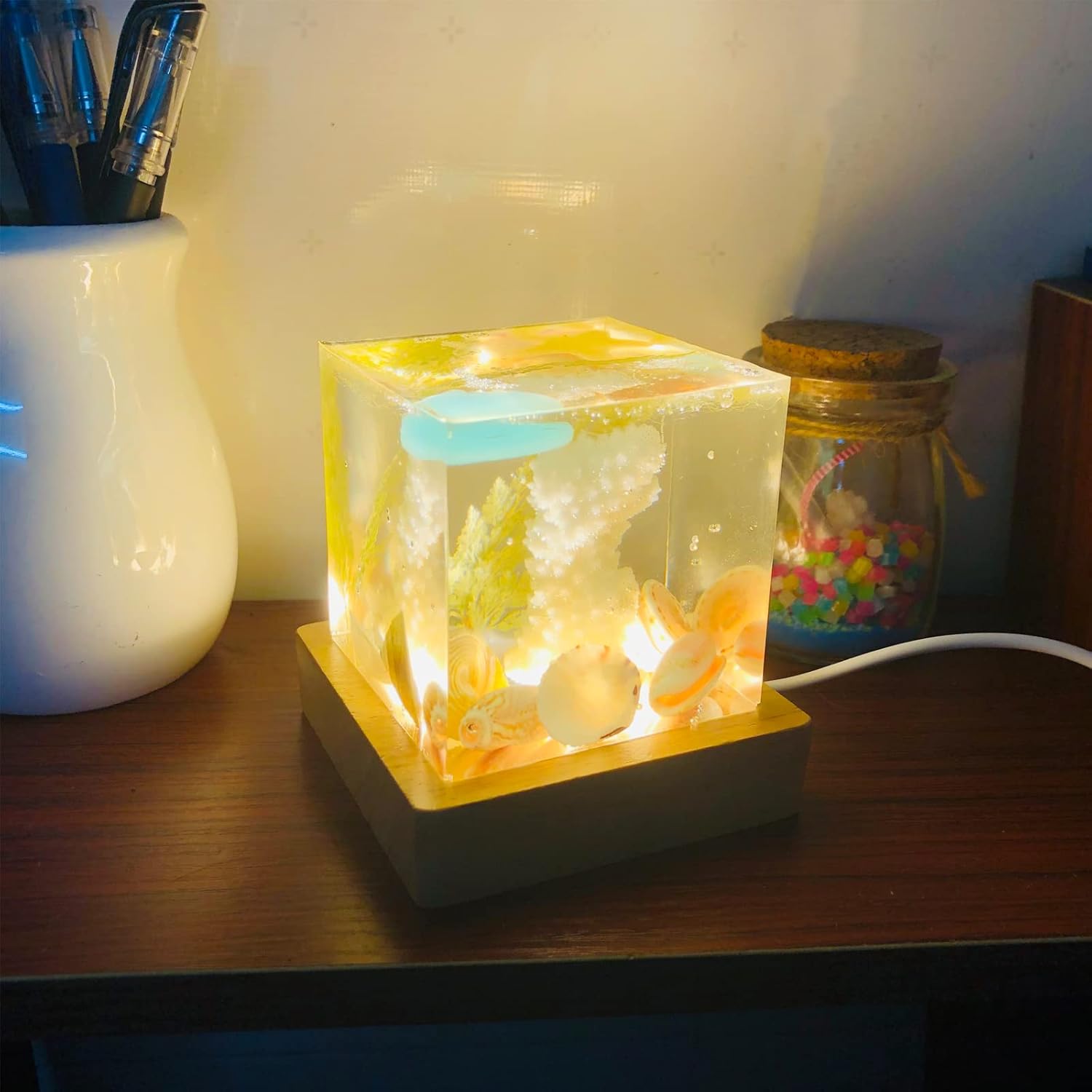 Large Cube LED Silicone Molds with USB Powered Wooden Lighted Base D378895