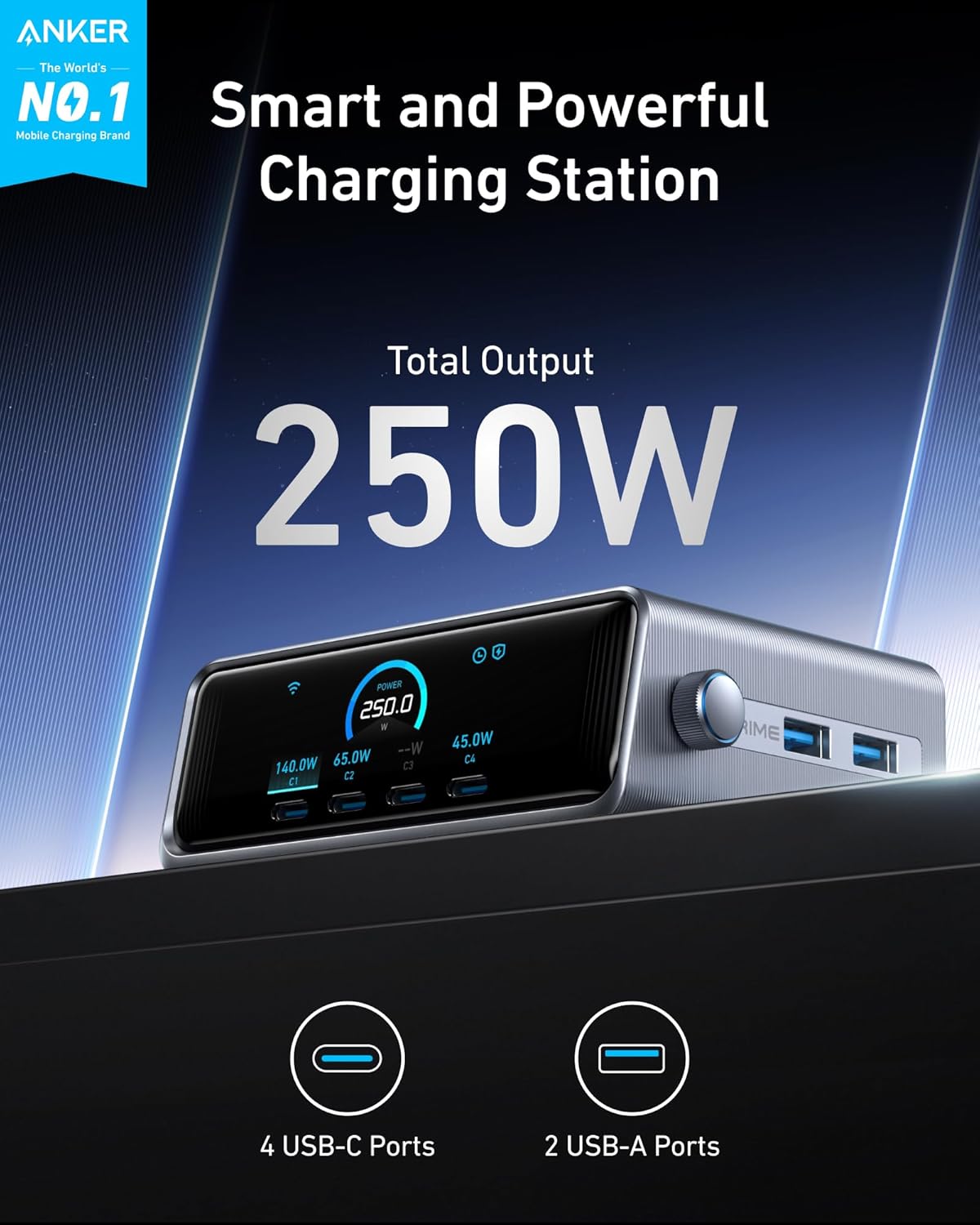 250W 6-Port GaN USB-C Charger with LCD Display X322