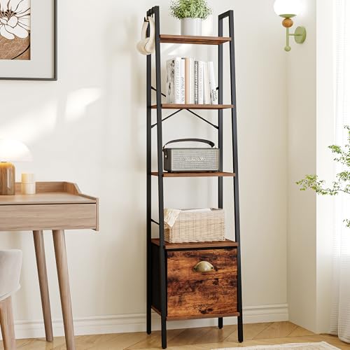 4 Tier Rustic Brown Narrow Bookshelf with Drawer D819910