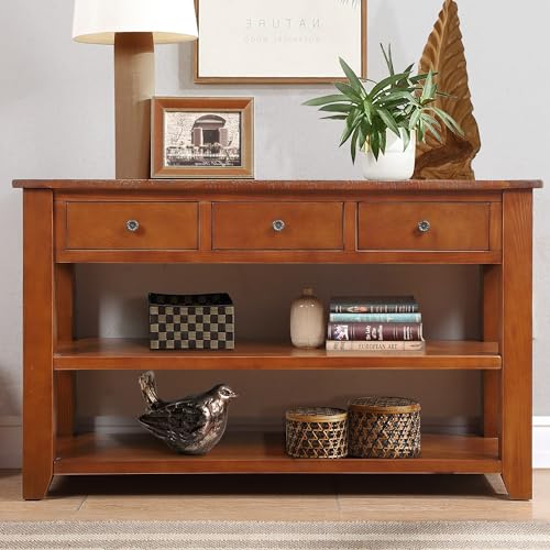 Brown Wood Entryway Console Table with Drawers and Storage Shelves O84663