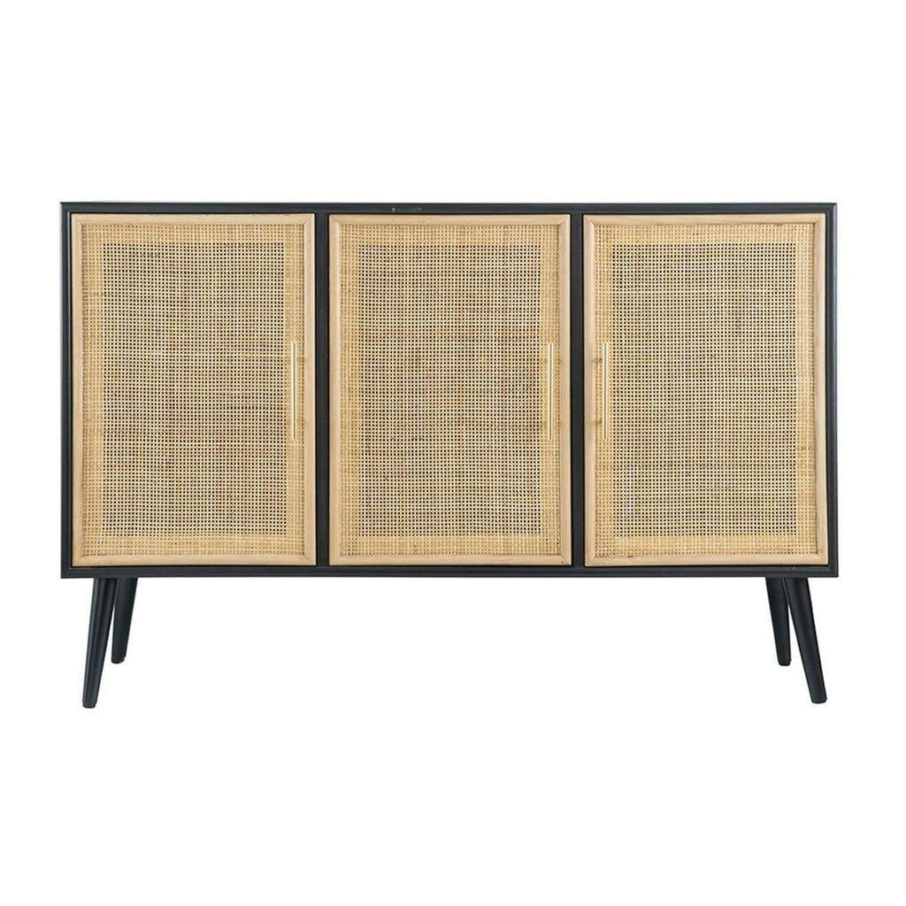 Black Pine Wood TV Media Entertainment Center with Rattan Doors D663008