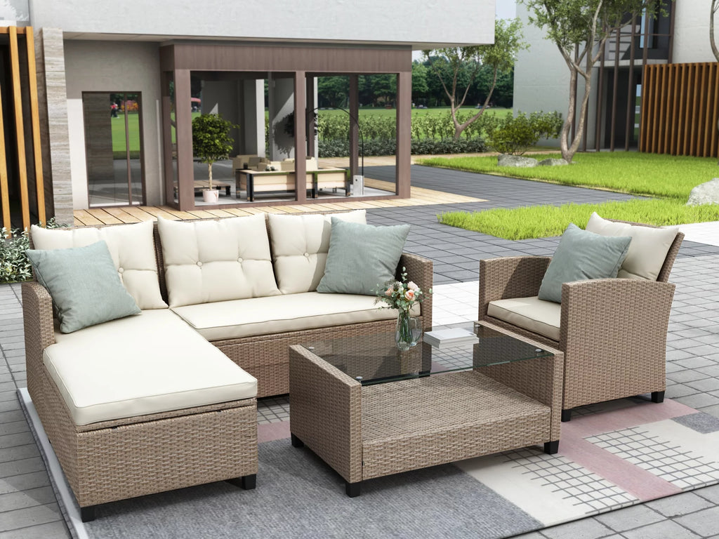 Beige Brown 4 Piece Wicker Rattan Sectional Sofa P186510