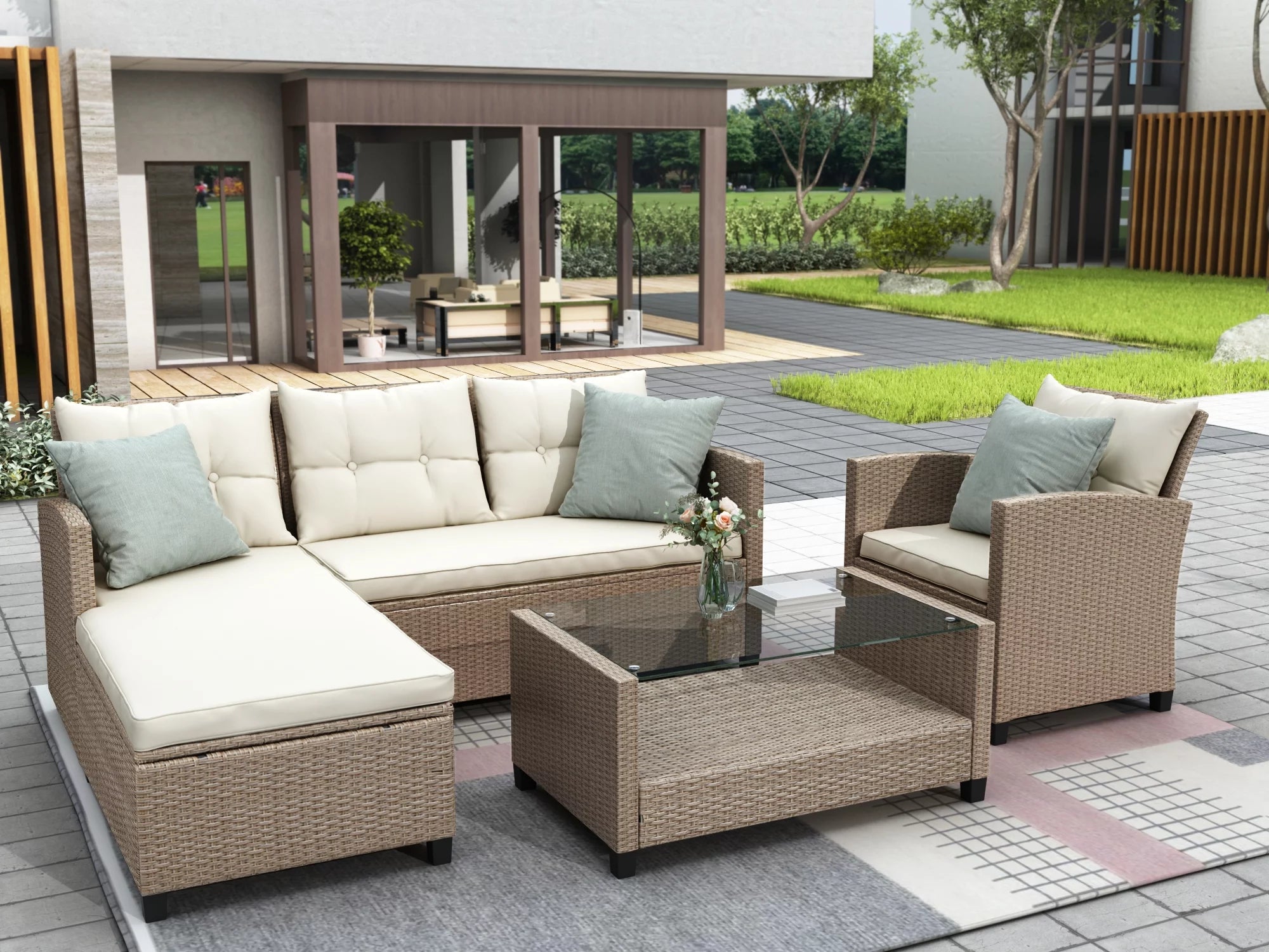 Beige Brown 4 Piece Wicker Rattan Sectional Sofa P186510