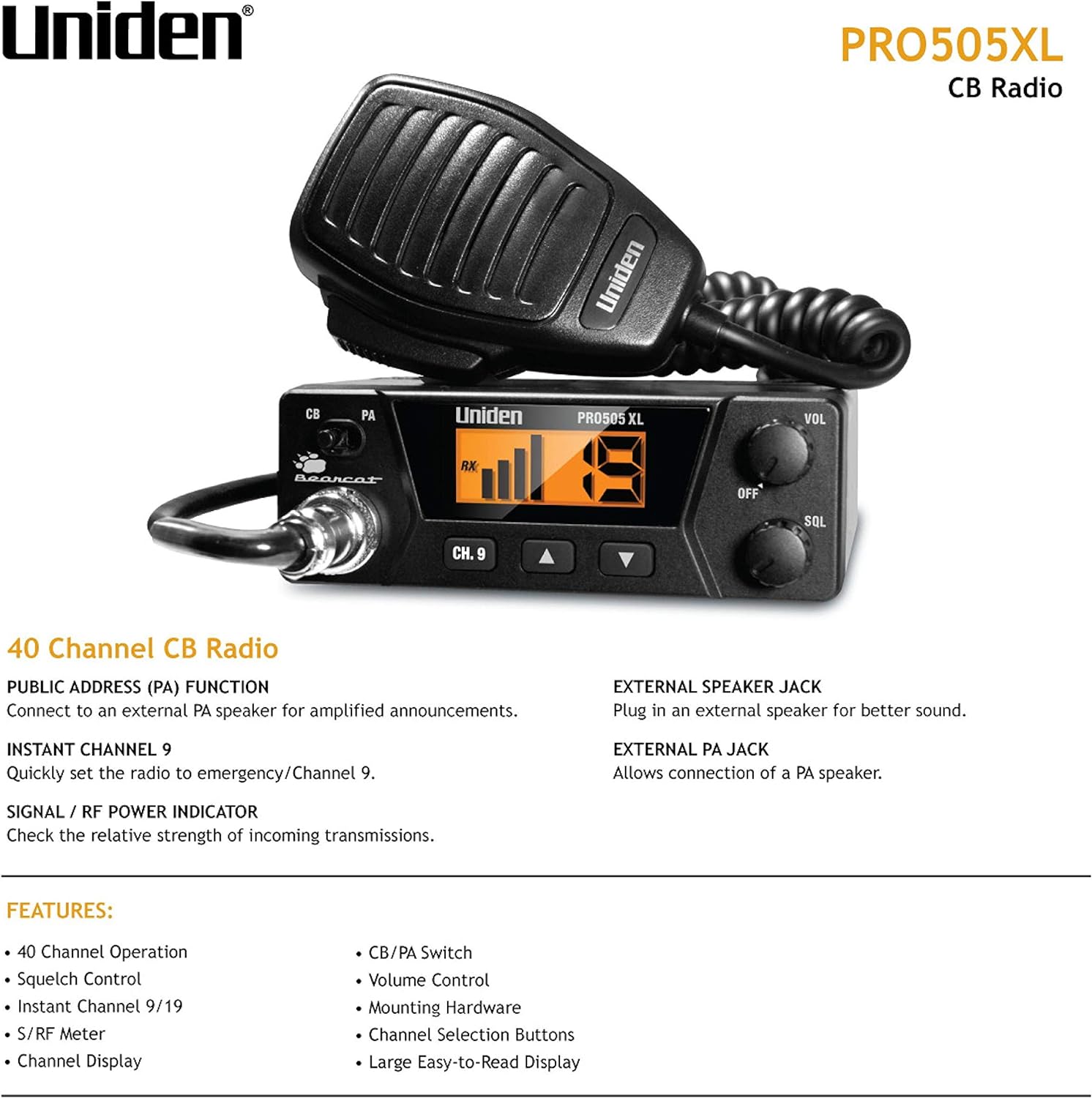 40-Channel CB Radio with 12V 3-Pin Plug Fused Replacement Power Cord F568