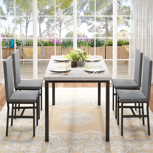 Dining Table Set for 4 with Faux Marble Tabletop and 4 PU Leather Chairs I915