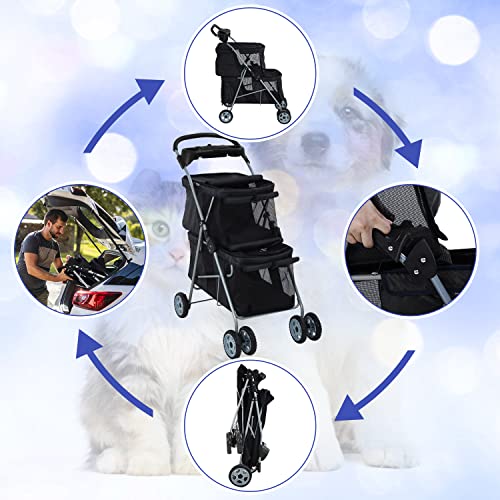 Pink 4 Wheel Folding Pet Stroller with Storage Basket H7844
