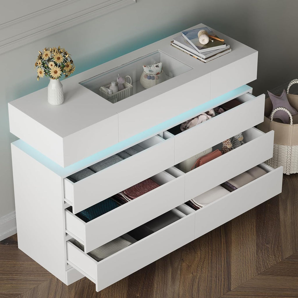 White 6 Drawer Dresser with LED Lights and Glass Top L7607
