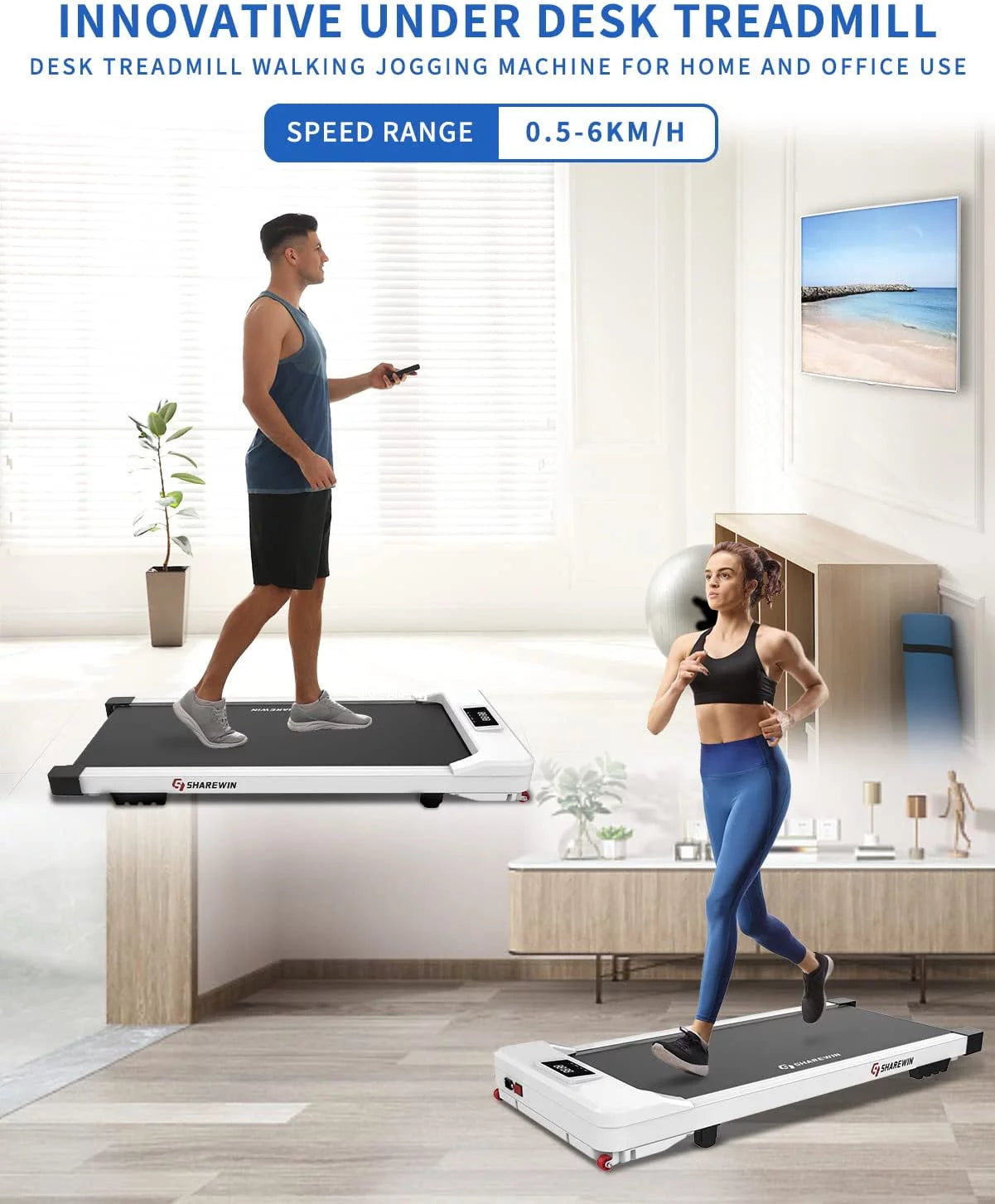 White Under Desk Treadmill 300 lb Capacity with Remote Control and LED Display D81988