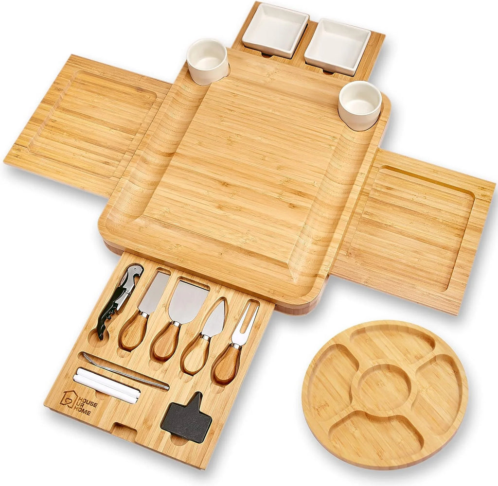 Large Charcuterie Board Set with 2 Ceramic Bowls & Plates, 4 Magnetic Drawers Bamboo Cheese Knife Set, Round Tray O193