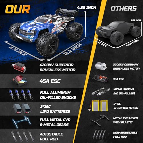 Fast Brushless RC Car, 1:16 4x4 High Speed RC Truck with 2 Lipo Batteries N46421
