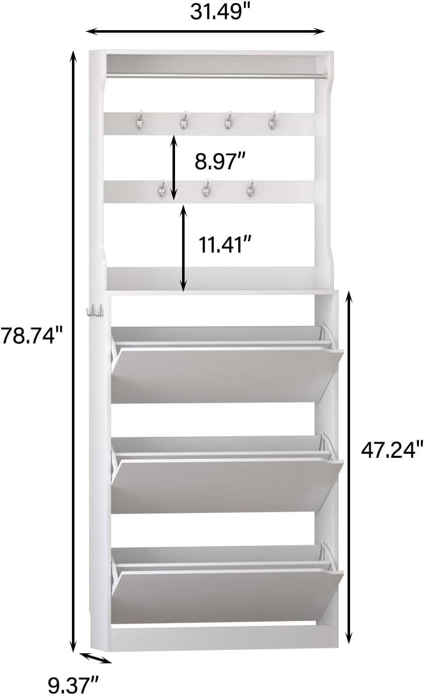 White 3 Flip Drawer Tall Wood Shoe Cabinet with Coat Rack Q80409