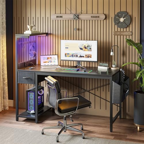 Carbon Fiber Black 47 inch Gaming Desk with Power Outlet and LED Light and Storage Drawer J8106