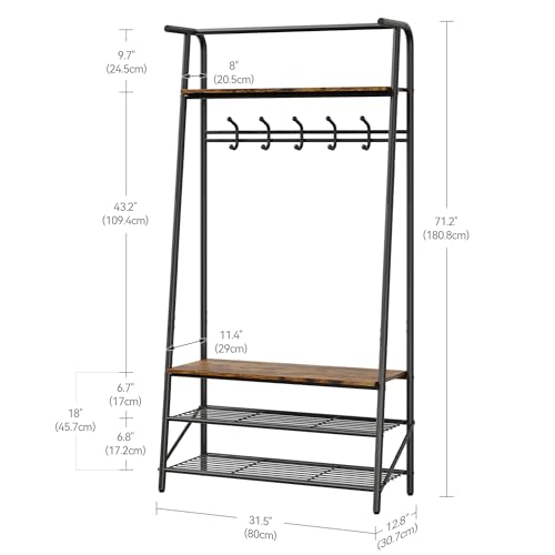Coat Rack Shoe Bench with 5 Hooks, Wood Look Accent Furniture with Metal Frame R96784