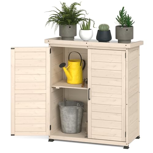 Beige Outdoor Storage Cabinet with Waterproof Metal Tabletop and Removable Shelves J677968