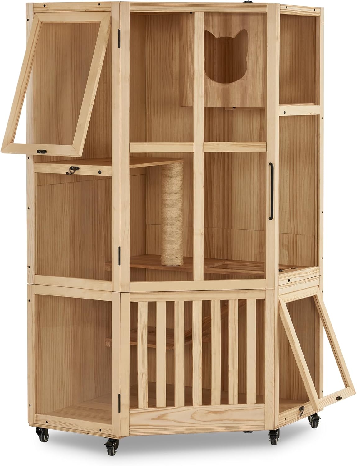 Large Wooden Corner Cat House with Scratching Post and Wheels T72024
