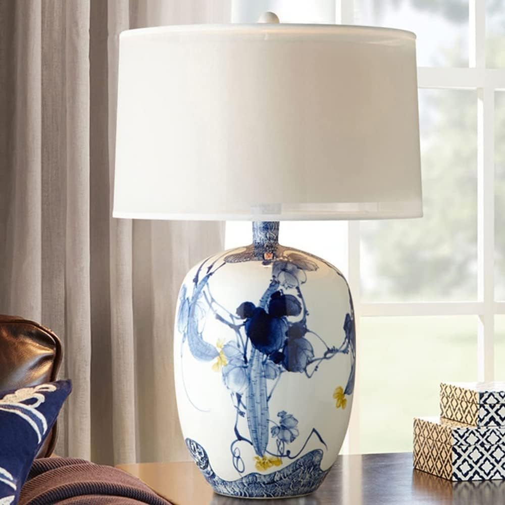 Blue and White Porcelain Table Lamp with Drum Shade O9908