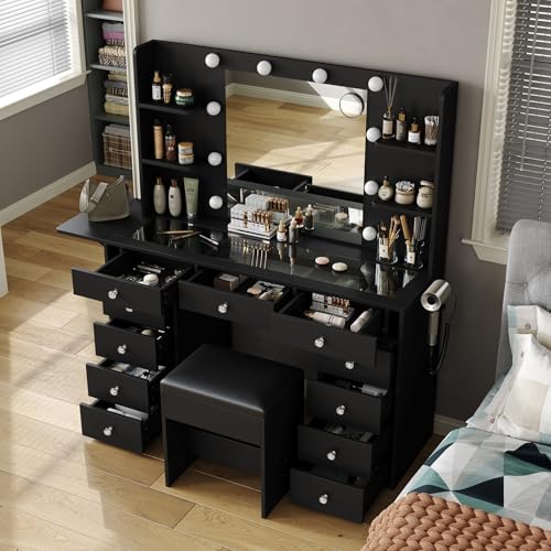 Black Vanity Desk with Lighted Mirror and Chair P75026