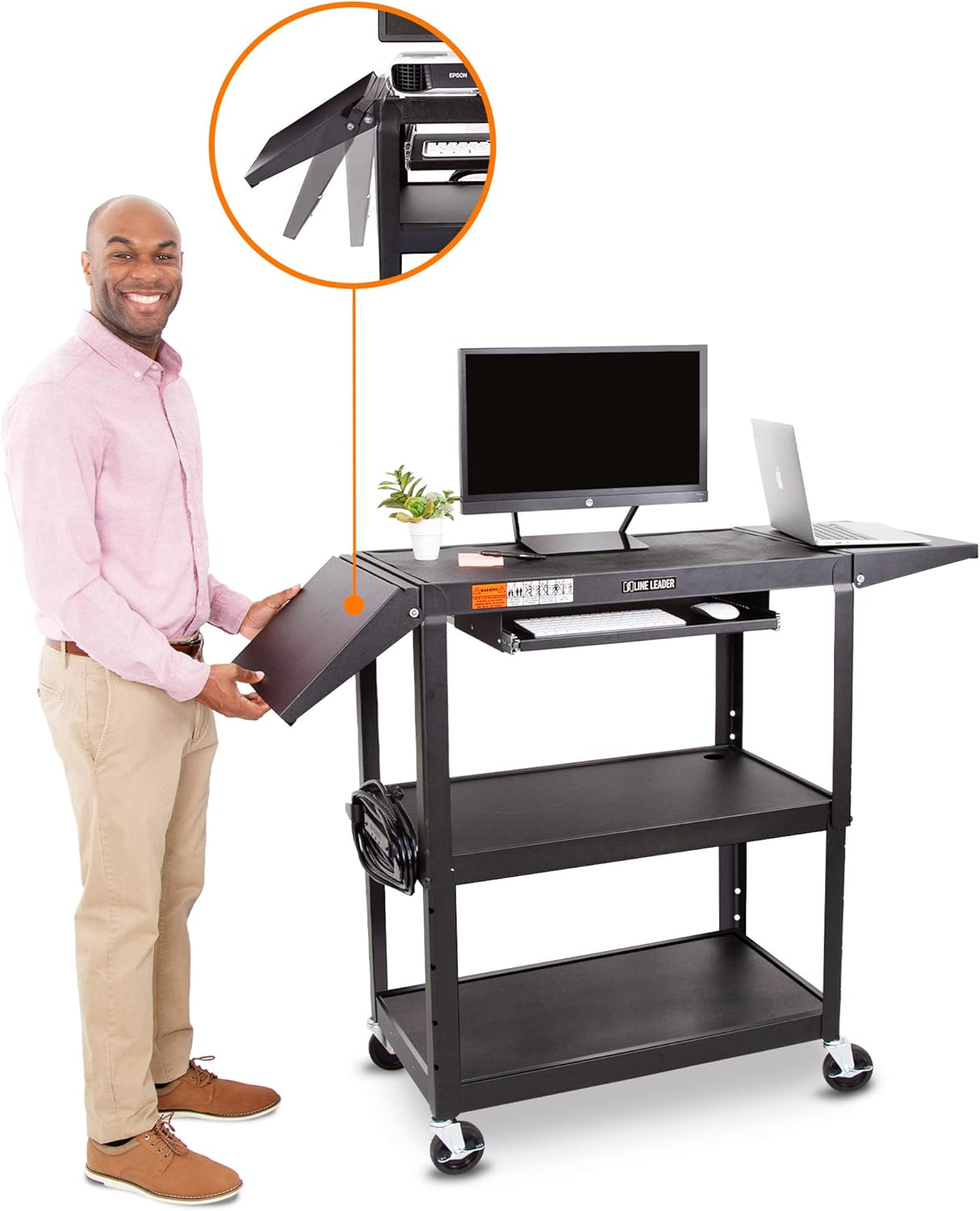 Large AV Cart with Drop Leaves, Height Adjustable, 54in x 18in x 42in Black S26410