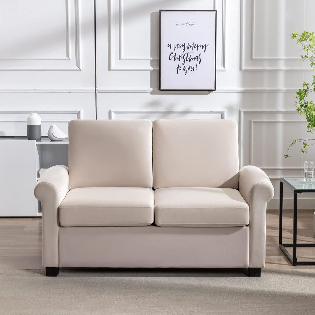 Beige White Pull Out Sofa Bed with Twin Size Mattress Pad W915