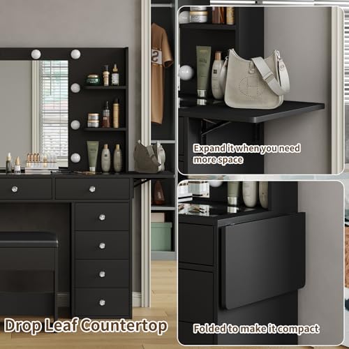 Black Vanity Desk with Lighted Mirror and Chair P75026