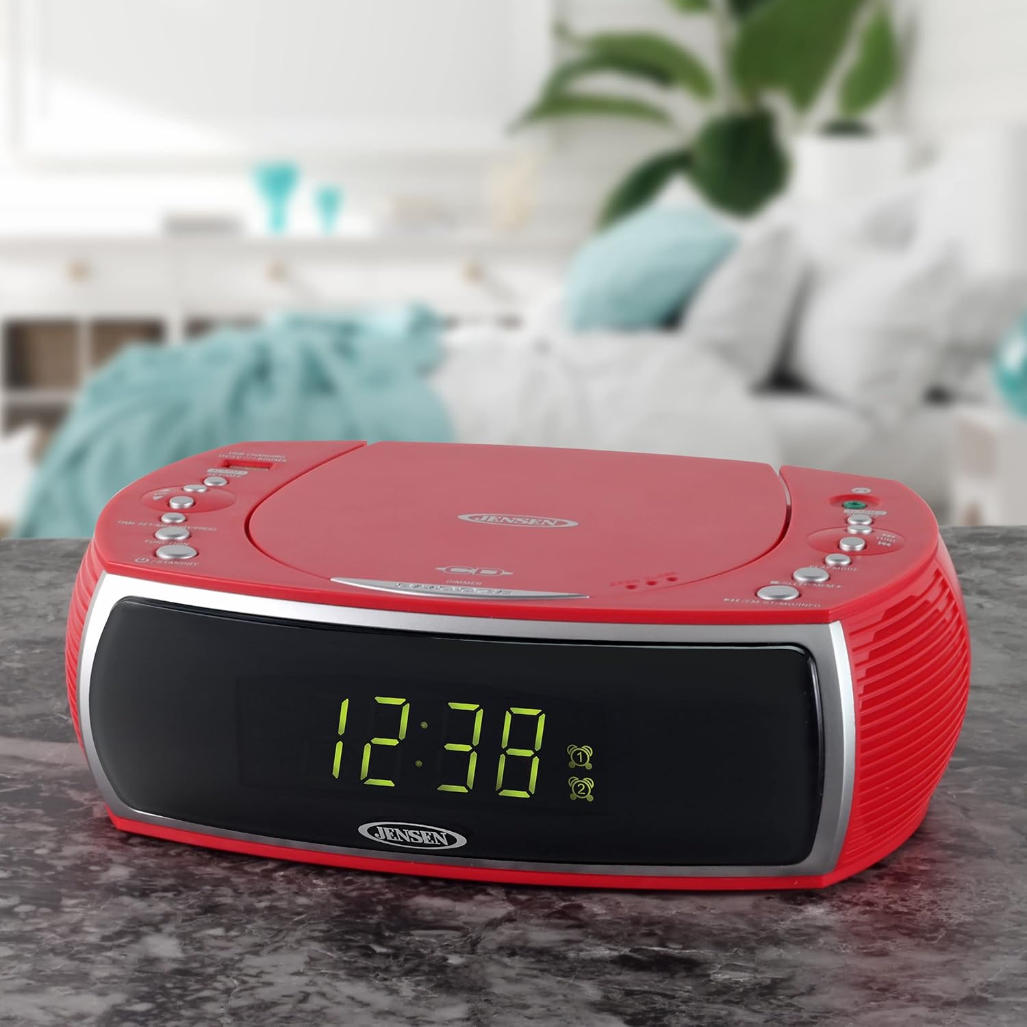 CD Player AM/FM Radio Dual Alarm Clock with USB Charging Port Headphone Jack Green LED B66019