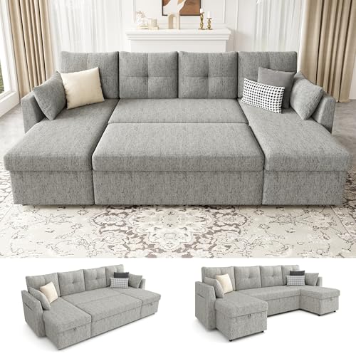 Oversized 110 inch 2 in 1 Pullout Sleeper Sofa Couch with Double Storage Chaise, Dark Grey O693024