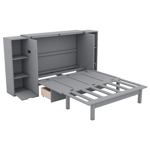 White Solid Wood Murphy Bed with Bookcase and Drawers S8446