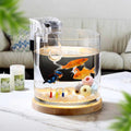 0.81-Gallon Cylindrical Fish Tank with Wooden Base LED Light Water Pump H569