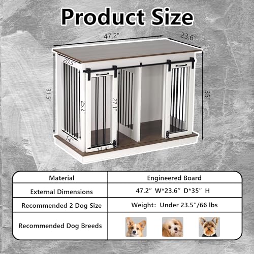 White 47.2" W x 23.6" D x 35" H Dog Crate Furniture with Double Doors W827