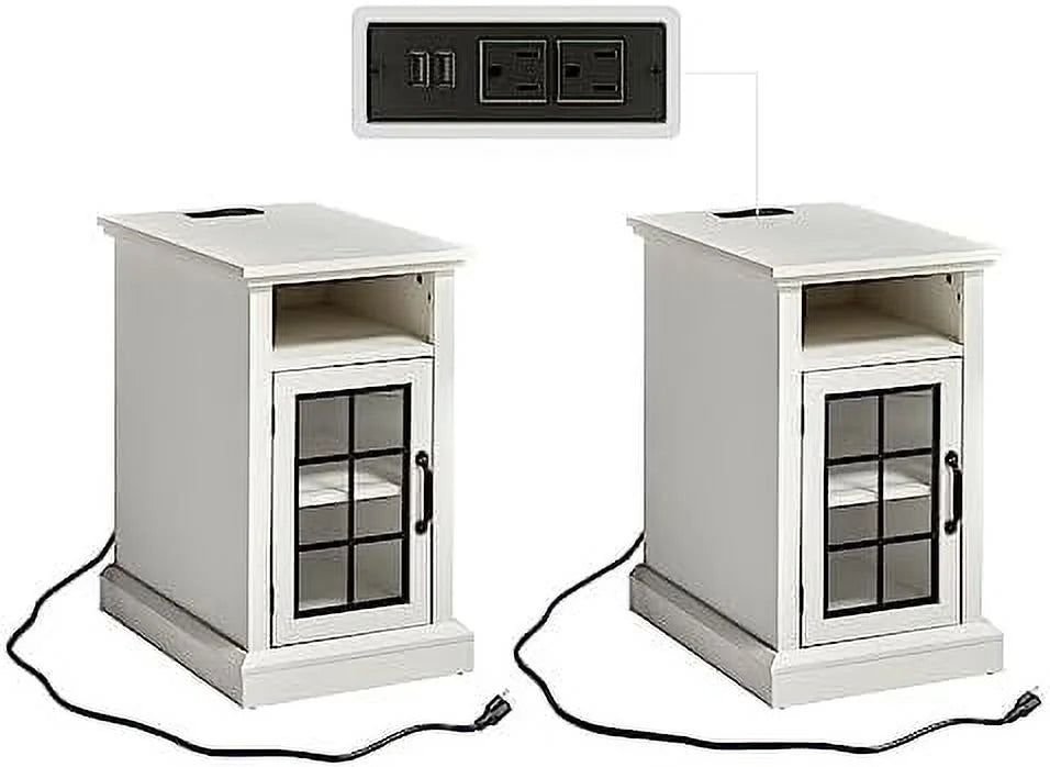 Distressed White End Table with Glass Door A793