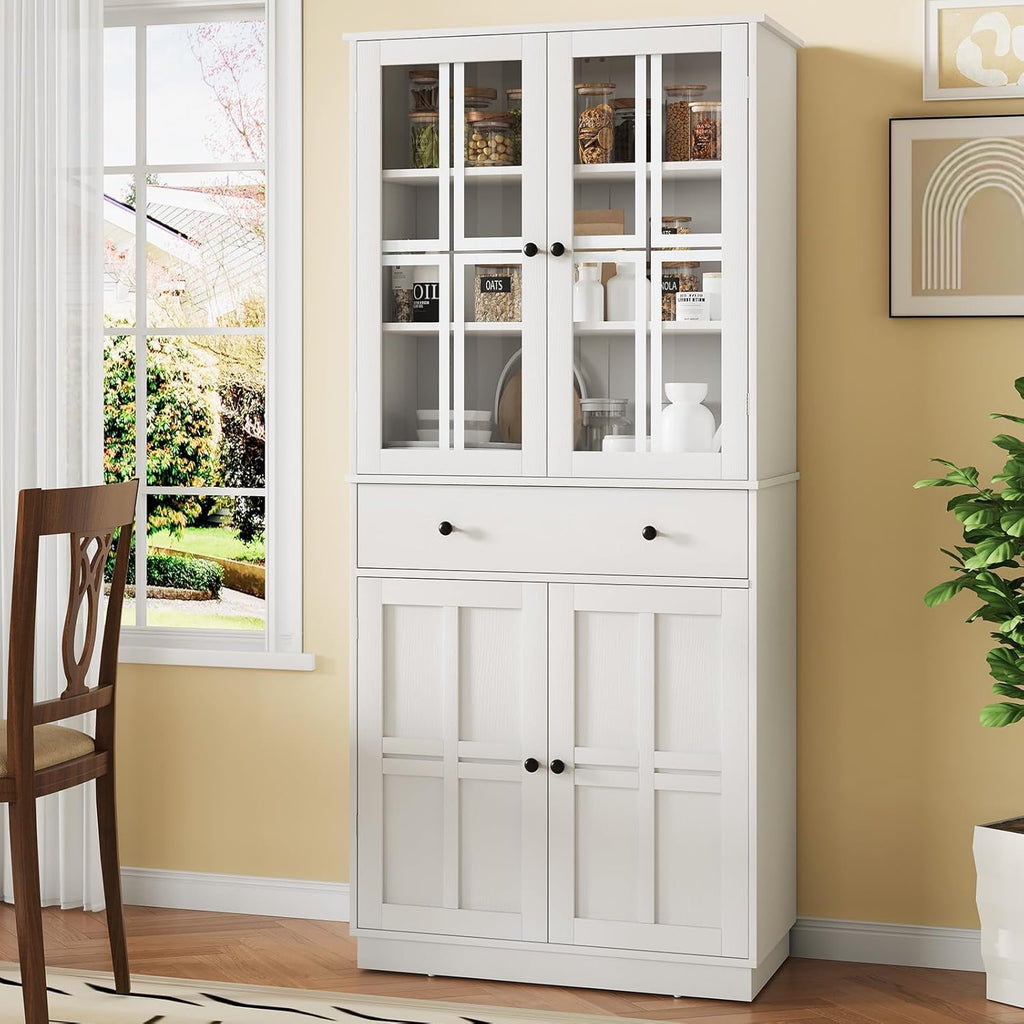 White Tall Pantry Cabinet with Glass Doors and 3 Adjustable Shelves C6771