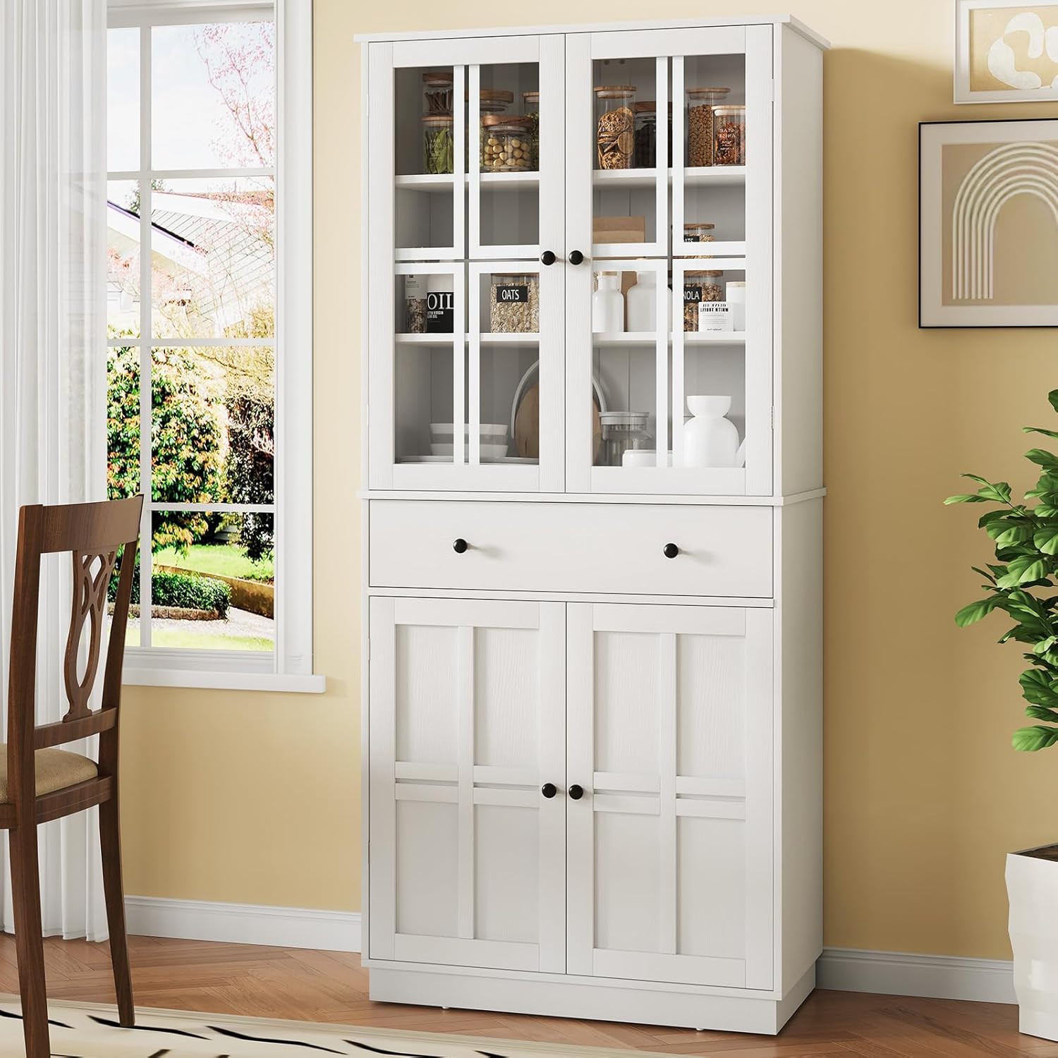 White Tall Pantry Cabinet with Glass Doors and 3 Adjustable Shelves C6771