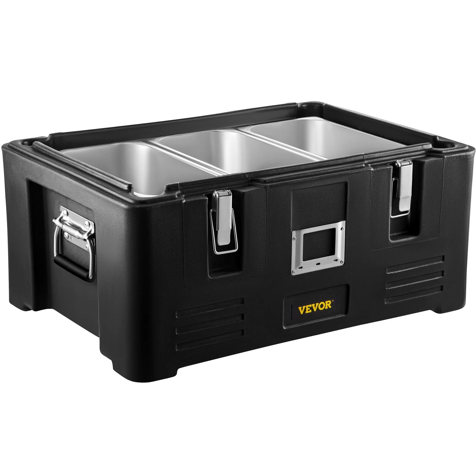 Black 36Qt Insulated Food Pan Carrier with 3 Stainless Steel Pans A420555